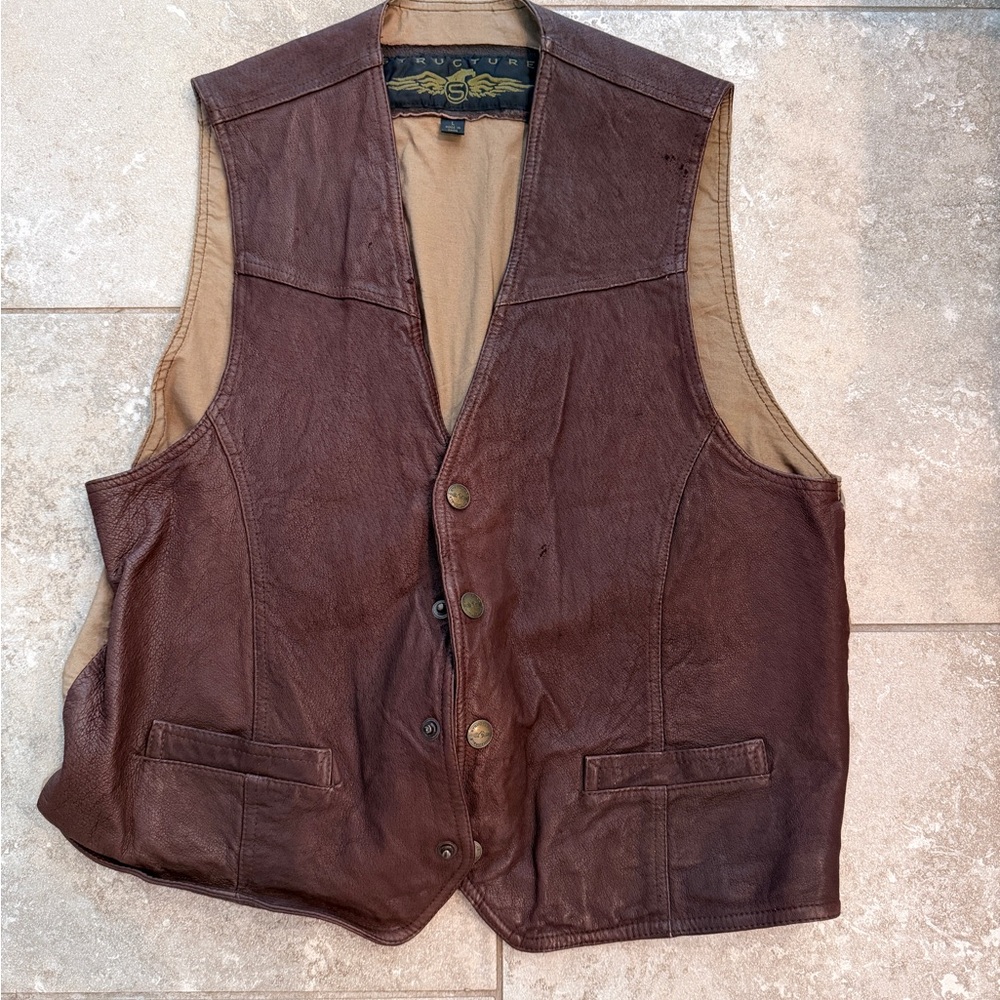 Structure Brown Leather Vest with Tan Lining